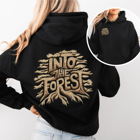 Featuring the phrase "Into the Forest" uniquely crafted in tree branch lettering, this design brings the beauty and mystery of the woods to life.